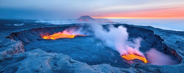 Fototapeta premium Volcanic landscapes idea. Spectacular view of an active volcano emitting lava and smoke at sunset.
