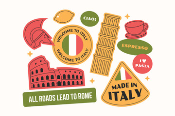 Italy travel stickers elements collection in flat style