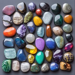 Colorful Collection of Polished Gemstones and Minerals Displayed