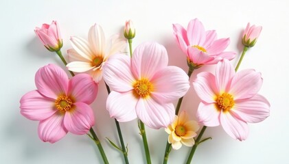 Fototapeta premium Delicate pastel flowers, artful arrangement, pure white background, subtle, summer, stock photo