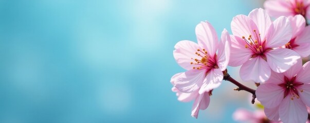 Obraz premium Delicate pink & white blossoms, vibrant blue backdrop Springtime floral arrangement , pastel, decoration, garden