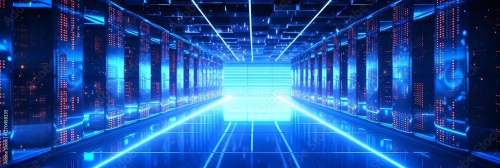 Poster cutting edge data center filled with glowing blue servers and intricate network cables representing 