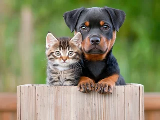 A playful kitten and a loyal Rottweiler puppy sit side by side, showcasing their adorable friendship against a natural backdrop.