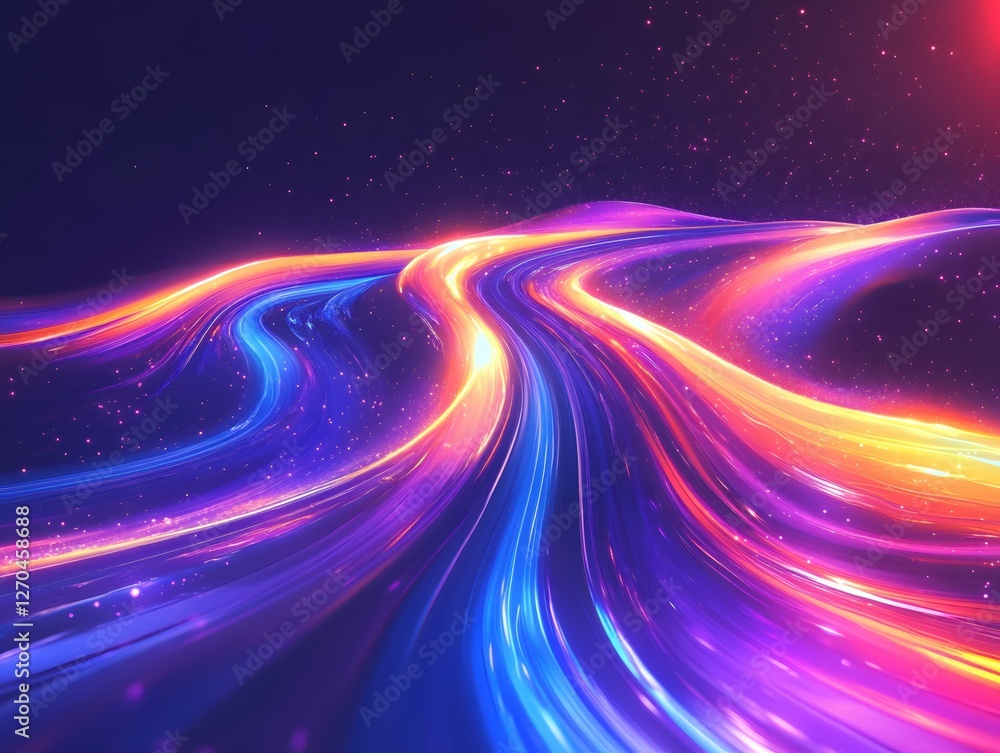 Poster Abstract Glowing Light Trails on Dark Background with Sparkles and Vibrant Color Gradient