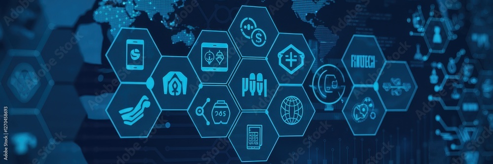 Poster fintech concept displayed with icons over a world map background