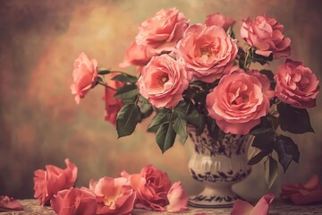 Pink Roses Arrangement in Vintage Vase on Soft Background