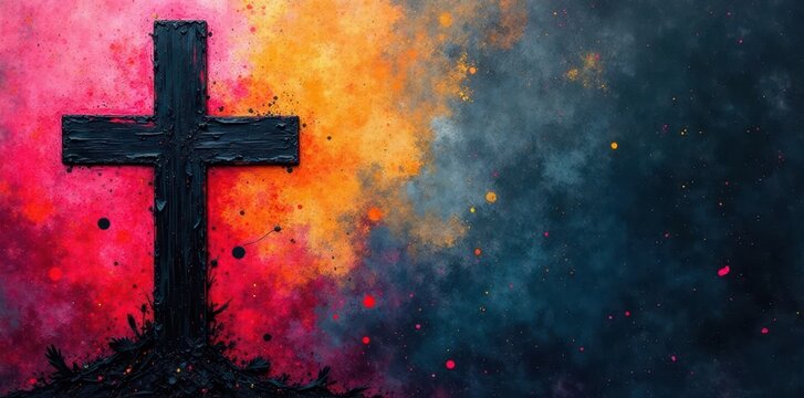 Hand-painted black cross; visible brushstrokes & ink splatters , gothic, religious, background