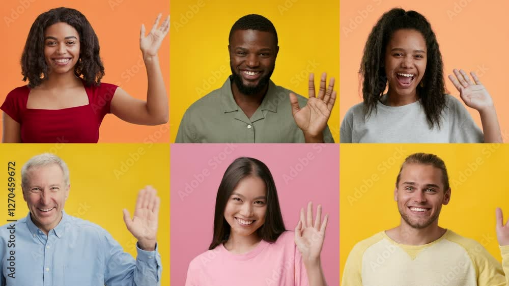 Poster a collection of happy people from various backgrounds smiling and waving. each person expresses a po