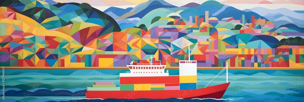 Poster an aerial panoramic view of a busy seaport with a large cargo ship loaded with colorful shipping con
