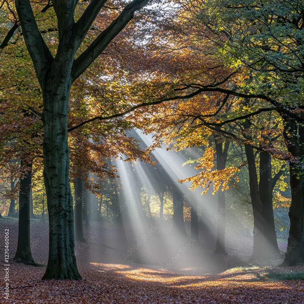 Poster Sunlight Filtering Through Trees in a Colorful Autumn Forest