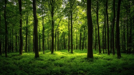 Fototapeta premium Lush Green Forest with Tall Trees and Sunlight Breaking Through Canopy