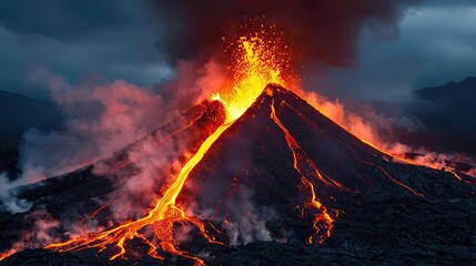 Fototapeta premium Volcanic landscapes idea. An erupting volcano spews lava and ash into a dramatic sky, showcasing nature's power.