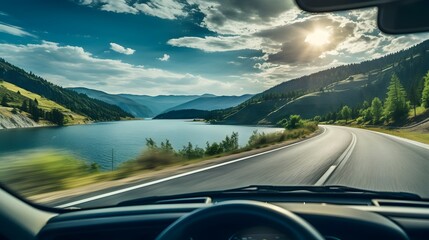 Obraz premium Breathtaking View from Inside a Car Driving Along a Winding Mountain Pass with Panoramic Landscape of Peaks Ridges Forests and Clouds in the Sky