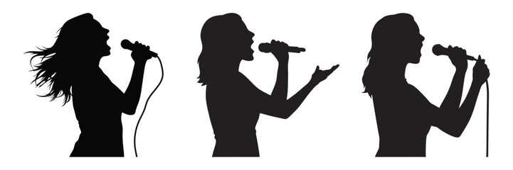 silhouette of woman singer with microphone hand drawing line art vector illustration
