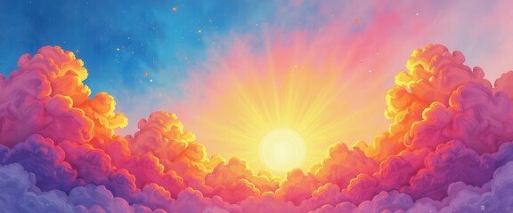 Vibrant Digital Sunset Painting: Stars Over Clouds on Easter Day. A digital painting of a sunset with fluffy clouds.