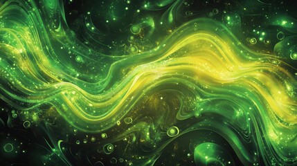 Sustainable Businesses A vibrant tapestry of swirling green shapes, reminiscent of futuristic circuits or bioluminescent flora, forms the backdrop for a compelling abstract illustration.