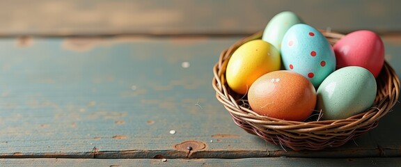 Rustic Wooden Table Overflows with Vibrant Easter Eggs for worthy Photos. A basket filled with colorful painted eggs on top of a wooden table.