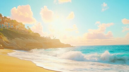 Fototapeta premium Coastal Paradise: Sun-Kissed Beach and Ocean Waves at Sunset