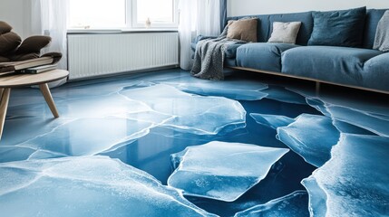 Fototapeta premium 3D epoxy floor with realistic cracked ice patterns, frosty blues and whites, giving a cooling aesthetic