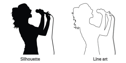 silhouette of woman singer with microphone hand drawing line art vector illustration