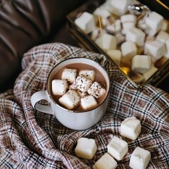 Cozy Hot Chocolate with Marshmallows on Soft Blanket in Warm Setting