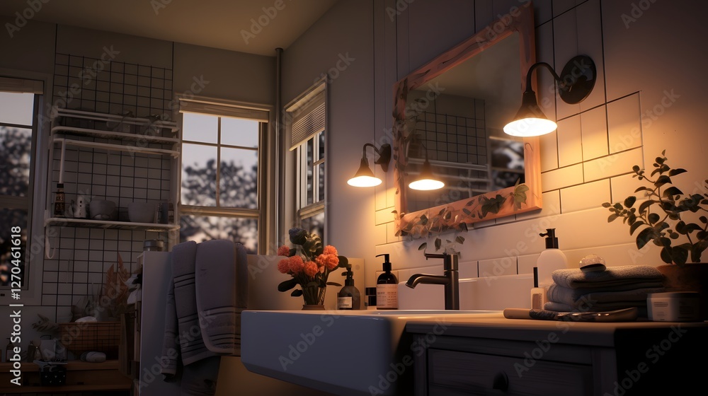 Aufkleber cozy and inviting evening bathroom routine setup with warm lighting plush towels and a serene calmin