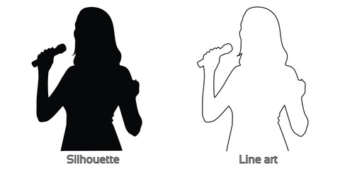 silhouette of woman singer with microphone hand drawing line art vector illustration
