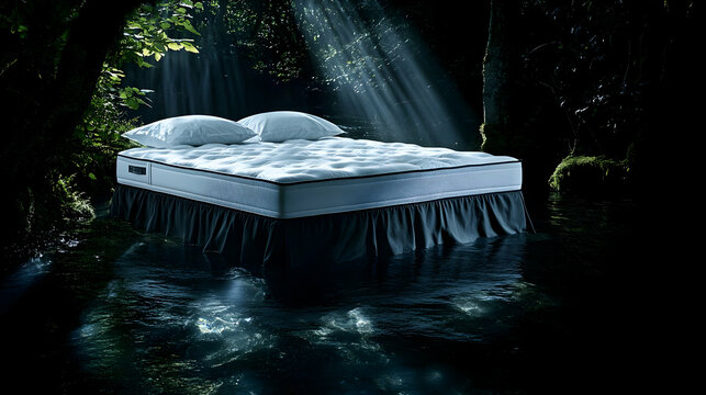 Floating mattress, serene bedroom, peaceful ambiance, waterbed in nature