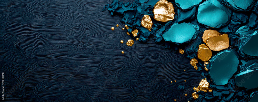 Poster custom packaging material design concept. abstract background with textured layers of blue and gold 