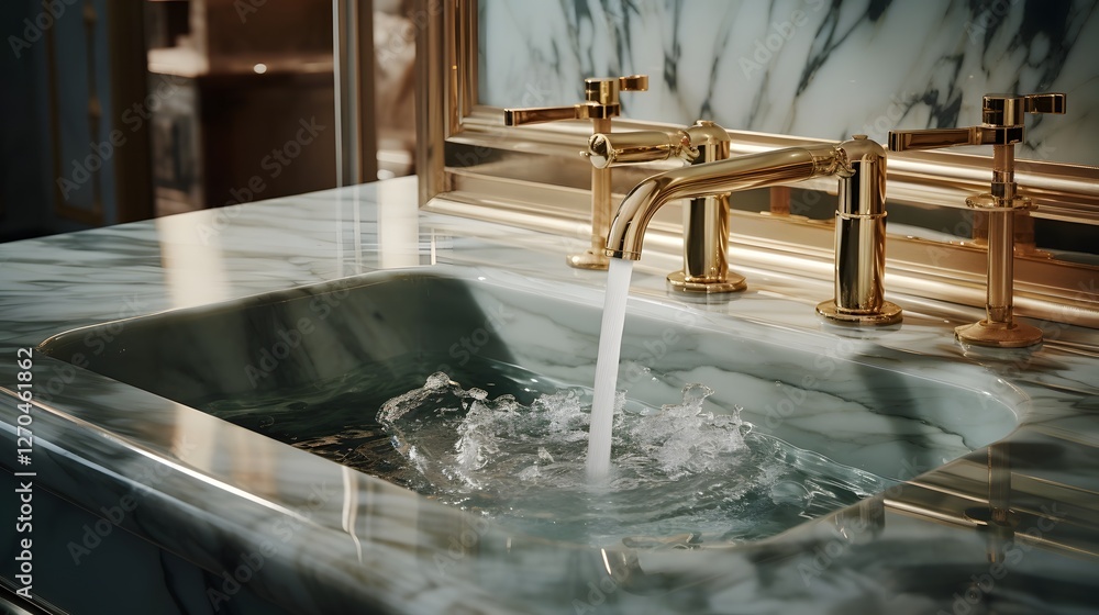 Poster enchanting shot of flowing water with delicate soap bubbles swirling and dancing in the sink creatin