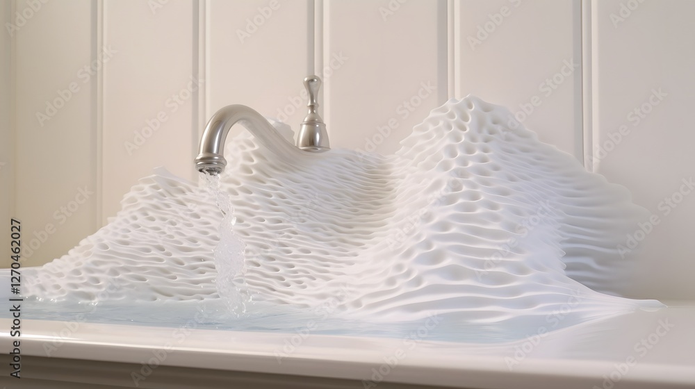 Poster mesmerizing water ripples and patterns forming in a bathroom sink as the faucet runs creating a sere