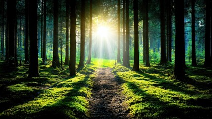 Fototapeta premium Sunlit forest path, morning light, moss-covered ground