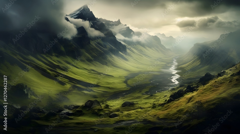 Poster dramatic and moody mountain landscape with jagged peaks shrouded in swirling mist and fog creating a