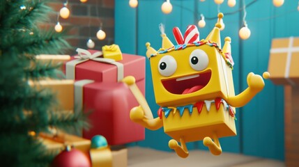 Fototapeta premium Joyful 3D Cubical Character Celebrates Christmas with Gifts