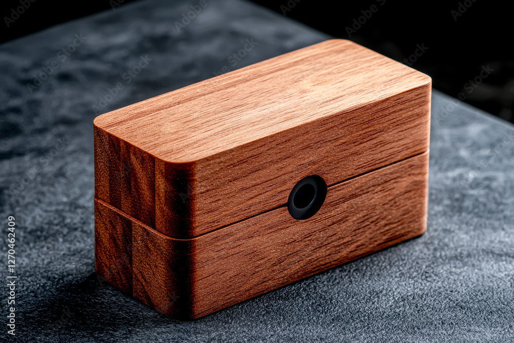 Poster custom packaging material design concept. elegant wooden box with smooth finish resting on dark back