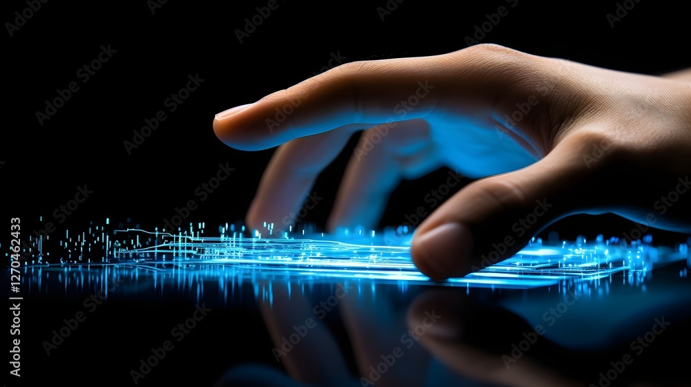 Poster close up of a human hand interacting with a holographic digital display showcasing advanced technolo