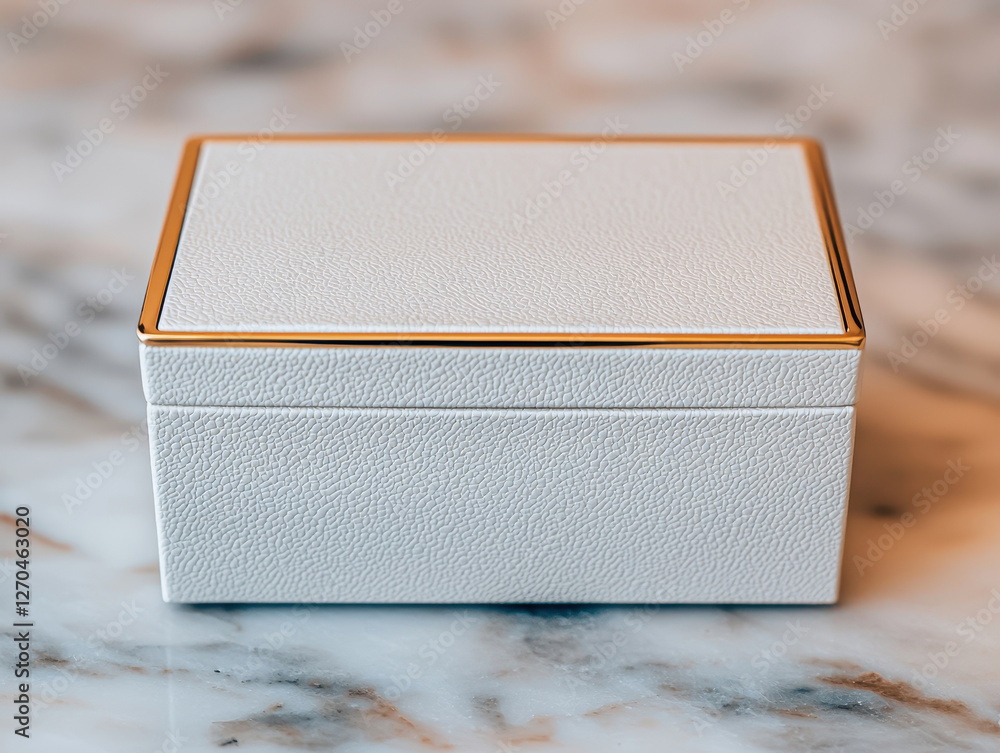Poster custom packaging material design concept. elegant white textured box with metallic trim on a marble 