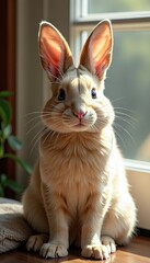 Easter Bunny Adorable Scene on Wooden Floor Near Blurred Window and Plant. A fluffy rabbit sitting on a wooden floor by a window.