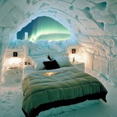 Cozy Igloo Interior with Bed and Northern Lights Above