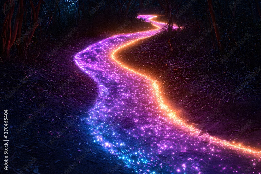Poster enchanting forest path illuminated by a magical glowing river of light and color