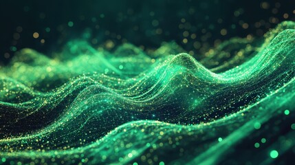 Sustainable Businesses A dynamic, abstract canvas of swirling green lines and pulsating dots, symbolizing the interconnectedness of big data, technological advancements, and the vast reach of the