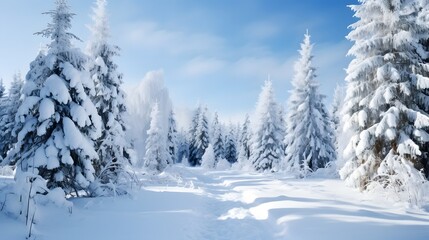 Obraz premium Breathtaking winterscape with a serene snow covered pine forest in a magical pristine landscape a peaceful tranquil scene of natural beauty during the cold frosty season