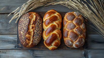 Assorted breads including braided loaves and whole wheat, beautifully arranged with wheat stalks, evoke sense of warmth and comfort in rustic setting