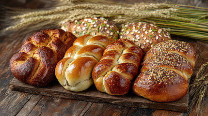 Assorted breads including braided loaves and whole wheat varieties, beautifully arranged on wooden board, evoke sense of warmth and comfort