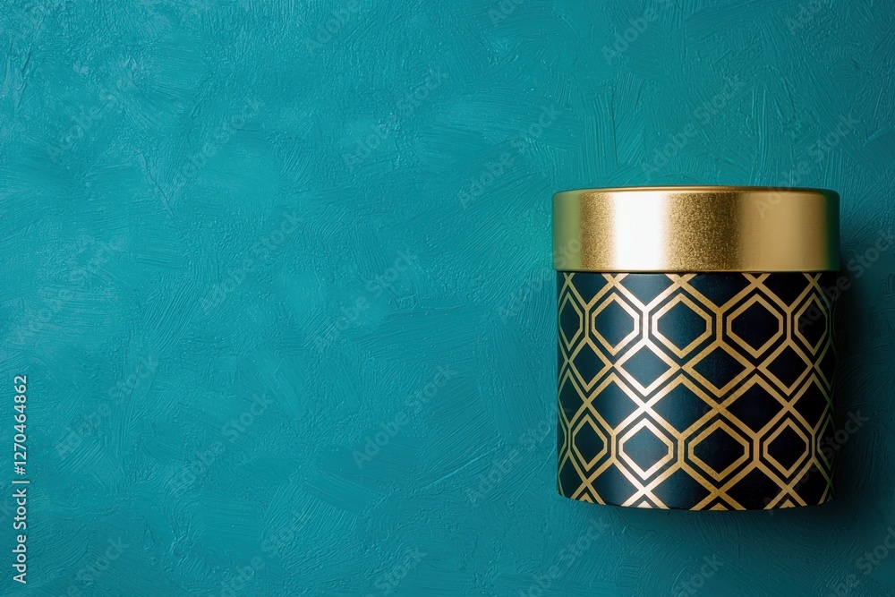 Poster custom packaging branding concept. elegant round container with gold and black geometric design on a