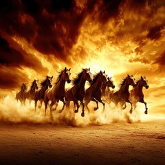 Majestic Horses Galloping in Sunset Amidst Dramatic Landscape