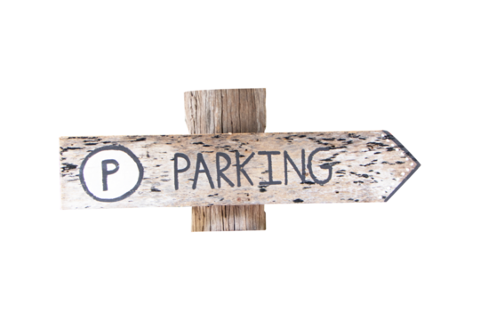 Wood brown old signs parking for general car parking sign and directional arrows isolated on cut out PNG or transparent background. Traffic signs or symbol are rules that must be followed.