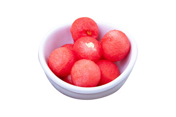 Watermelon balls in white ceramic bowl isolated on cut out PNG or transparent background. With...