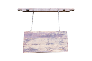 Old empty wooden sign structure hanging from wooden beam isolated on cut out PNG or transparent background. Wood poles and signs for inserting directional messages or various symbols.