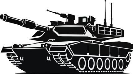 A black silhouette of a modern battle tank, featuring a large main gun, a rotating turret, and heavy armor plating, reminiscent of an M1 Abrams or T-9 © Yogaswara